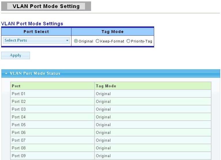 Accepted Frame Type This field displays the accepted frame type of the VLAN port. 3.3.4.3 VLAN Port Mode Setting This page allow user to configure VLAN port tag mode setting.