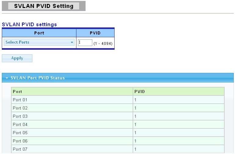 SVLAN ID Stacking VLAN ID. Member Port Select one or multiple ports as member ports of the SVLAN. Add Click Add to add any member port into the SVLAN. Web Smart Switch 3.3.5.