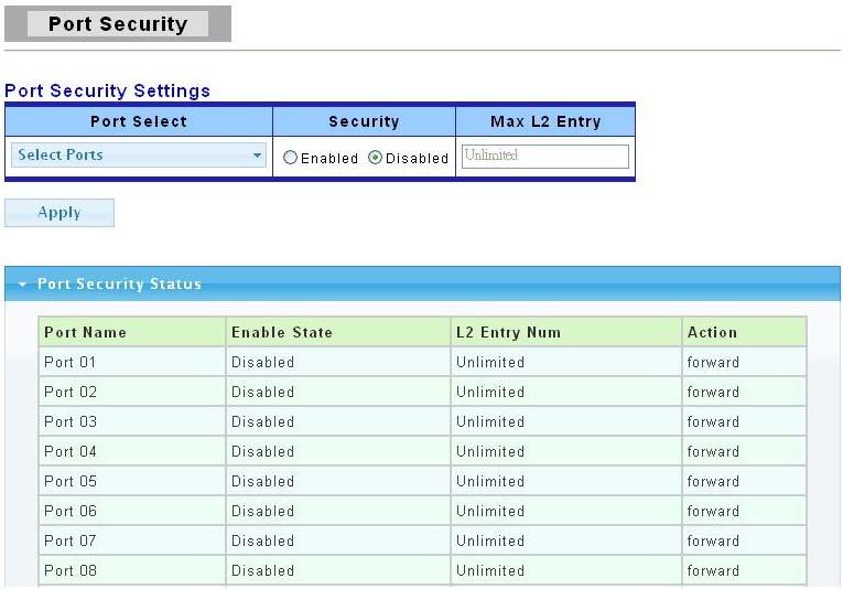 3.4.4 Port Security Click Security > Port Security to display the configuration screen as shown.
