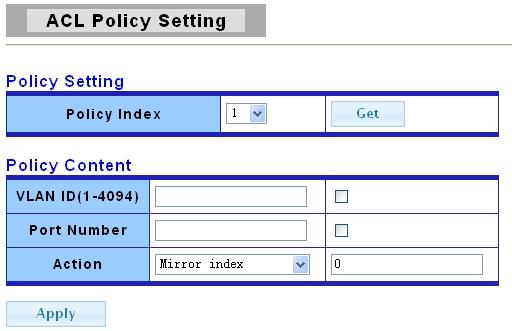 3.5.4 ACL Policy Setting Policy Index Get VLAN ID Port Number Action You can choose the policy index. To get the basic information of the policy index.