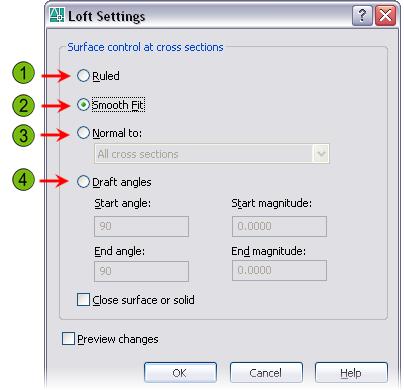 Transition Options in the Loft Settings Dialog Box Select from one of the four options to control the loft transition when using the Cross-Sections Only option.