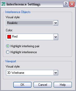 After selecting the solid models for the selection set or sets, the Interference Checking dialog box will display if an interference is detected.