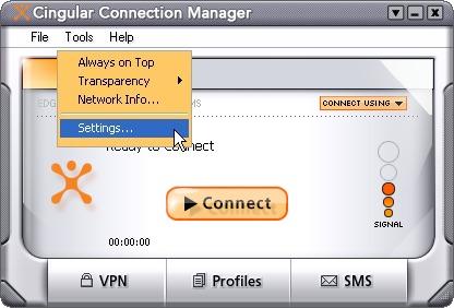 Cingular Connection Manager Settings The "Settings" window allows you to configure the behavior of the Cingular Connection Manager software.