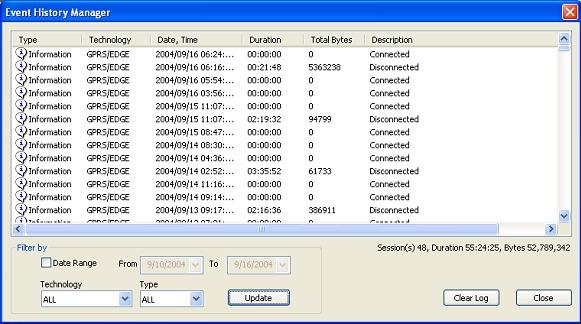 Event History Manager Cingular Connection Manager provides an easy-to-reference log of each connection made. The Connection Log can be found by choosing the Connection Log option from the Help menu.