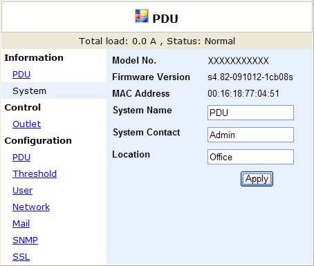 OPERATING MANUAL Information: System Indicates PDU system information, including: Model No.