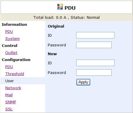 OPERATING MANUAL Configuration: User Change ID and password. Default ID is snmp and password is 1234.