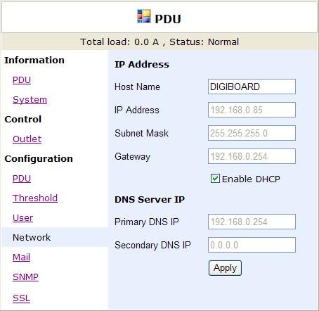 OPERATING MANUAL Configuration: Network PDU network information Enable DHCP: When checked the PDU will obtain it s IP from