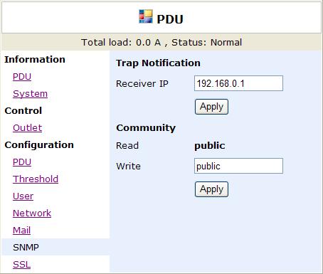OPERATING MANUAL Configuration: SNMP When event occurs, PDU can send out trap message to pre-defined IP address. Trap Notification: Sets receiver IP for alarm traps.