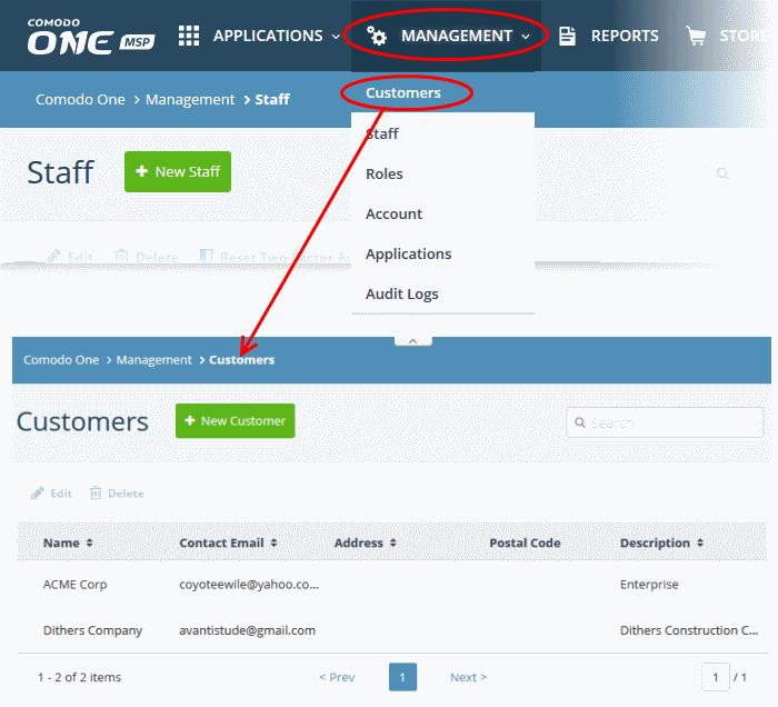 The Customer interface displays the list of customer organizations added to Comodo One.