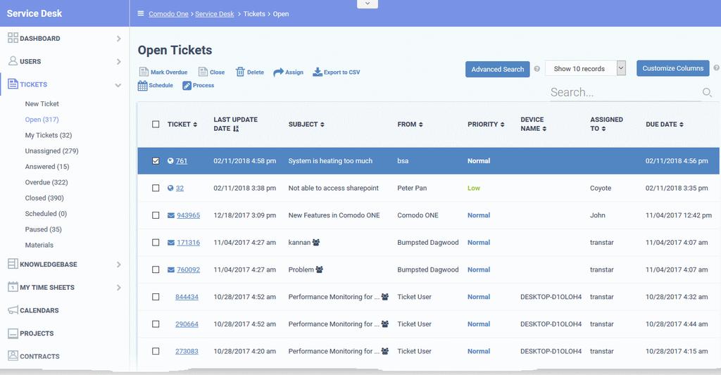 Tickets raised by users can be viewed and managed in the 'Tickets' section of the 'Staff Panel'. The menu on the left allows you to filter tickets by ticket status.