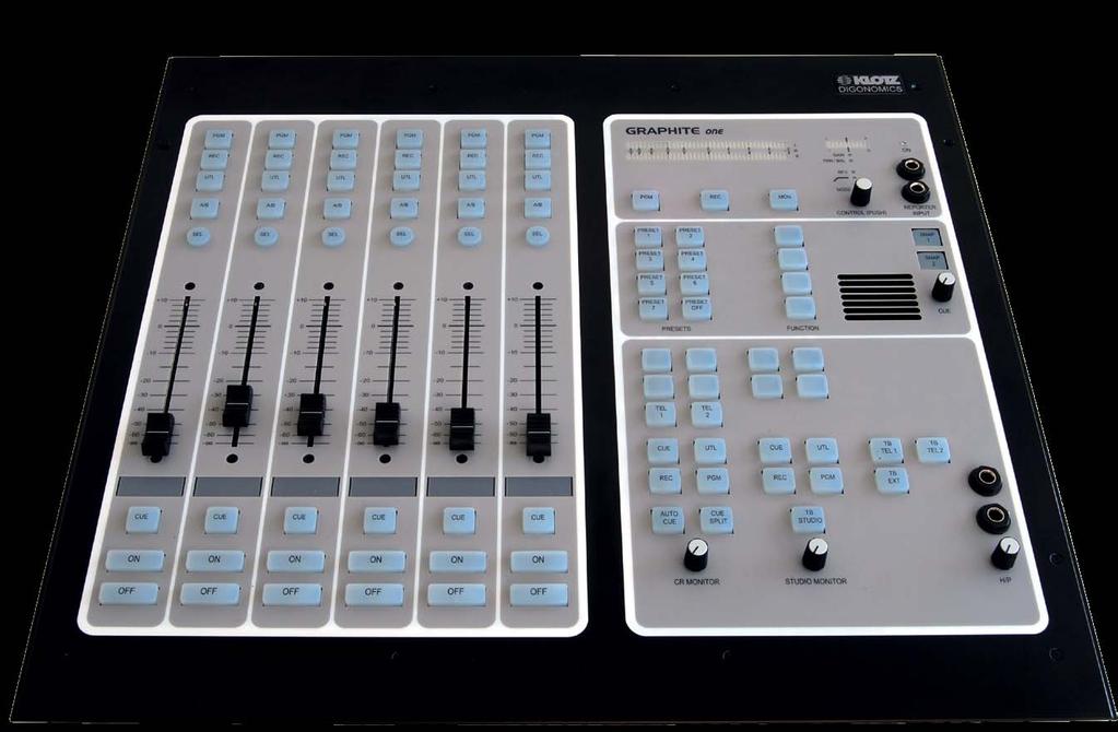 reliable and cost-efficient GRAPHITE ONE on-air consoles are available in two versions: The GRAPHITE ONE-11 which offers 11 inputs, 3 main buses and 5 outputs and the GRAPHITE ONE- 21 console