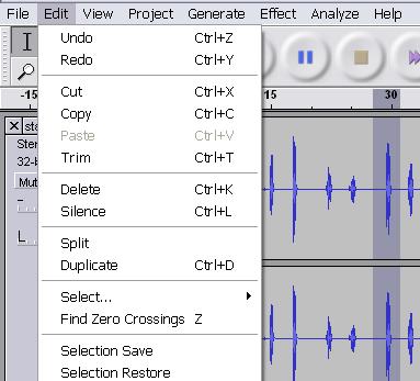 1. Click and drag to select the audio that you want to modify. 2. Select an option from the Edit menu.