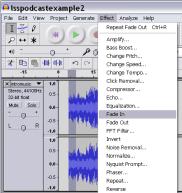Creating Simple Fades Audacity makes it easy to create fades, or gradual changes in the volume of a track. The Fade In effect makes a track start out quiet and gradually increase to full volume.