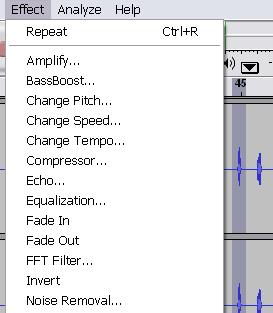 1. Click and drag to select the audio that you want to modify. 2. Select an option from the Effect menu.