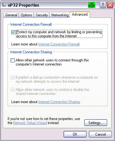 connection firewall Open the window «Advanced Settings» with the button «Settings» In the