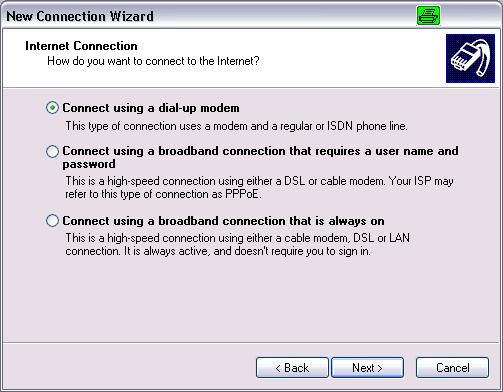 1 Select «Connect using a dial-up modem» and then «Next»