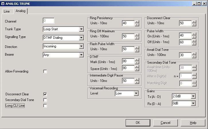 20. In the Analog tab of the ANALOG TRUNK window, set Trunk Type to Loop Start, Direction to Incoming, and click OK.