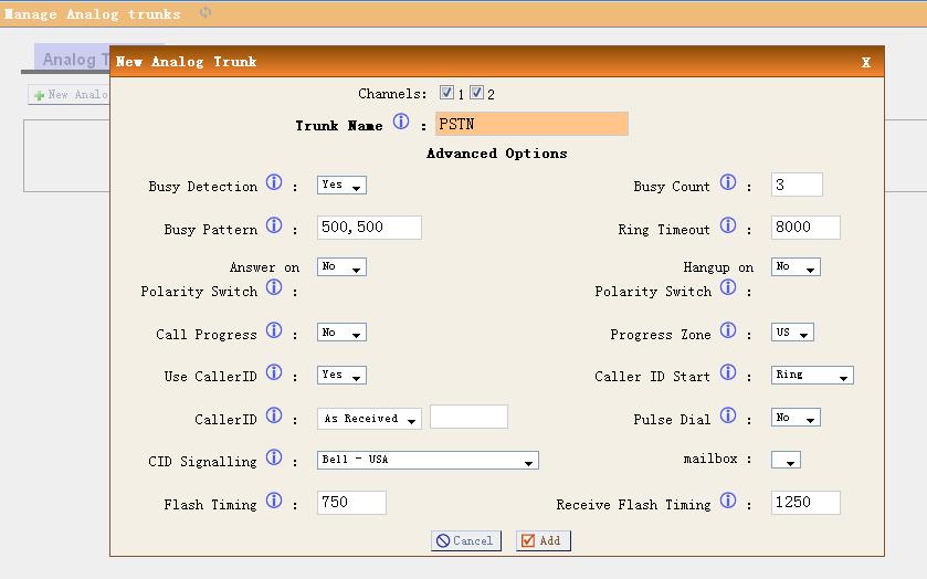 3.4 Make outbound calls to PSTN There are many kinds of trunking you can use to make outgoing calls. It includes: Analog FXO trunk, Digital E1/T1/BRI Trunk, SIP trunk, IAX trunk etc. 3.4.1 Analog/FXO trunking For the IP01/04/08, you can install FXO module and use the FXO trunking to make outgoing call via your local PSTN line.