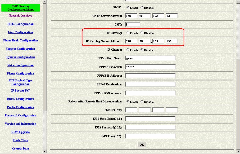 Figure 3.2: Enable the ip sharing function 1. Fixed IP Please put the ip address of the ip sharing device in the IP Sharing Server Address table. 2.