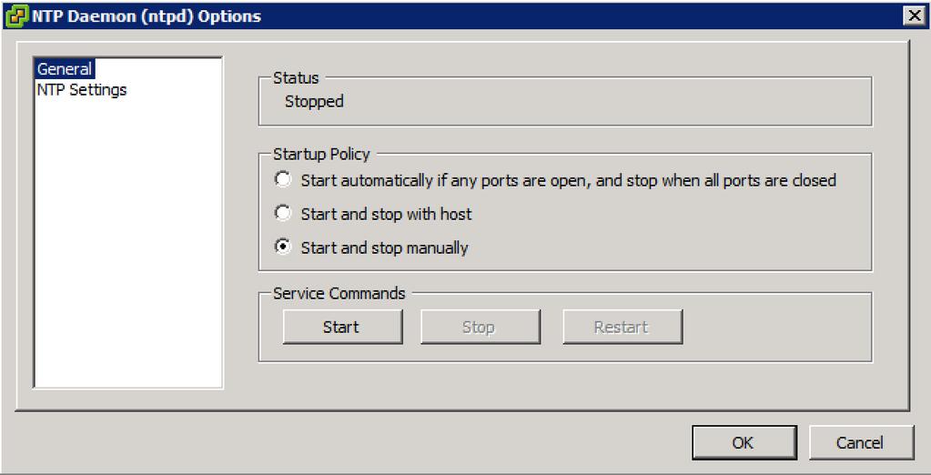 b. Click NTP Settings in the left pane and click Add. c. In the Add NTP Server dialog box, enter <<var_ntp_server_primary>> as the IP address of the primary NTP server and click OK. d. In the NTP Daemon Options dialog box, select the Restart NTP service to apply changes checkbox and click OK.