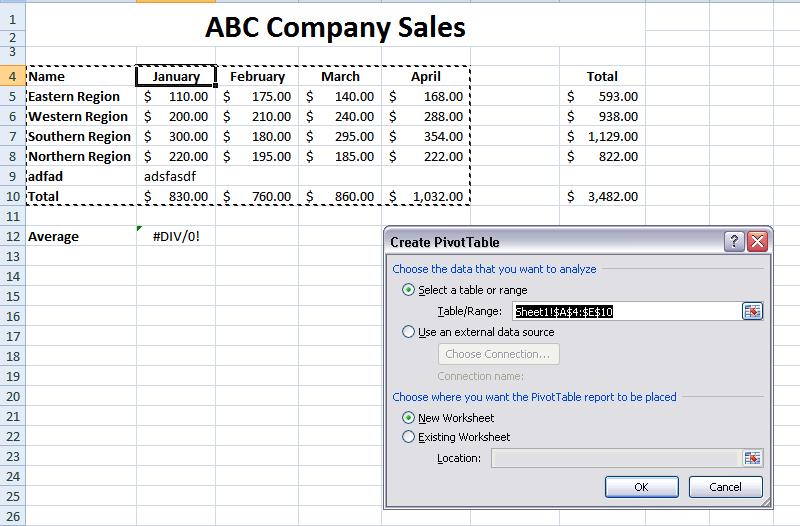 Confirm the selected data to be added to the Pivot Table. 4. Select where you want to place the Pivot Table, click OK. 5. The Pivot Table will appear in a new worksheet. 6.