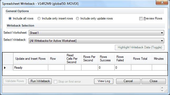 23 Spreadsheet Writeback - Release V14 R1 M2 7.2 Run Multiple Writebacks 1. In Excel from the Spreadsheet Writeback menu, select Spreadsheet Writeback. The Spreadsheet Writeback panel appears.