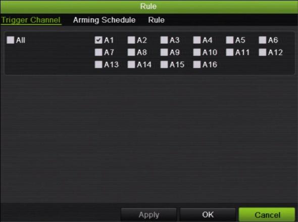 8. Select the recording schedules for motion detection. Click the Arming schedule tab and select the day of the week and the time periods during the day when motion can be recorded.