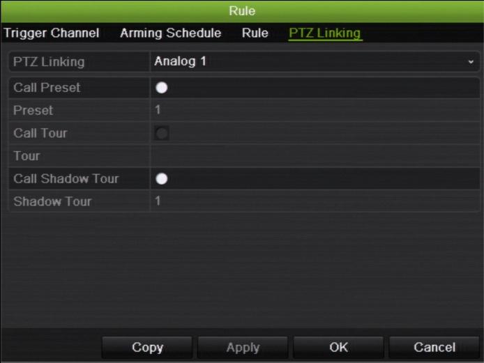 8. Select the PTZ camera function required in response to an external alarm.