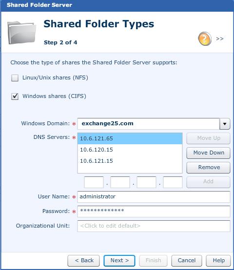 CIFS Shared Folder Configuration 5. Click Next. The Shared Folder Types window appears (Figure 85). 6. To select the services for the shared folder server, complete the following steps: a.