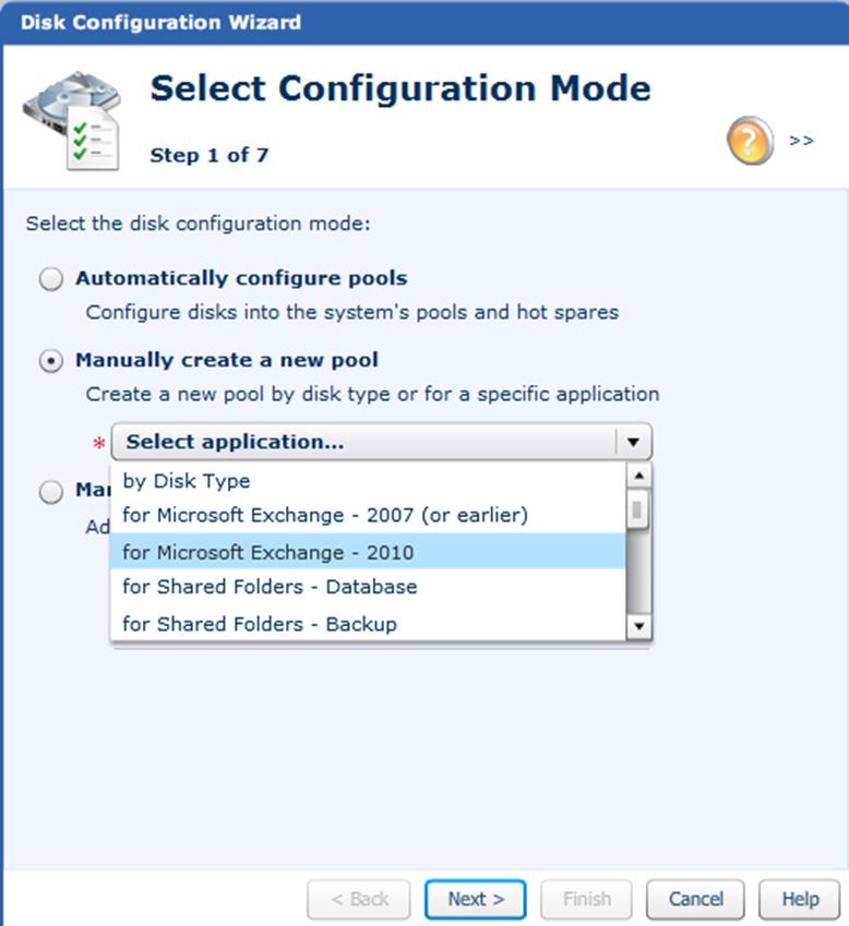 Physical Storage Allocation on VNXe: Storage Pools The Select Configuration Mode window appears (Figure 4). 4. Select the storage pool configuration mode: a. Select Manually create a new pool. b.
