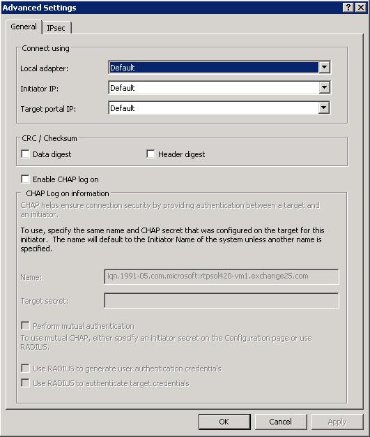 The Advanced Settings dialog appears (Figure 45). 7. Specify the advanced settings for the iscsi target: Exchange Host Server Connectivity Configuration a.