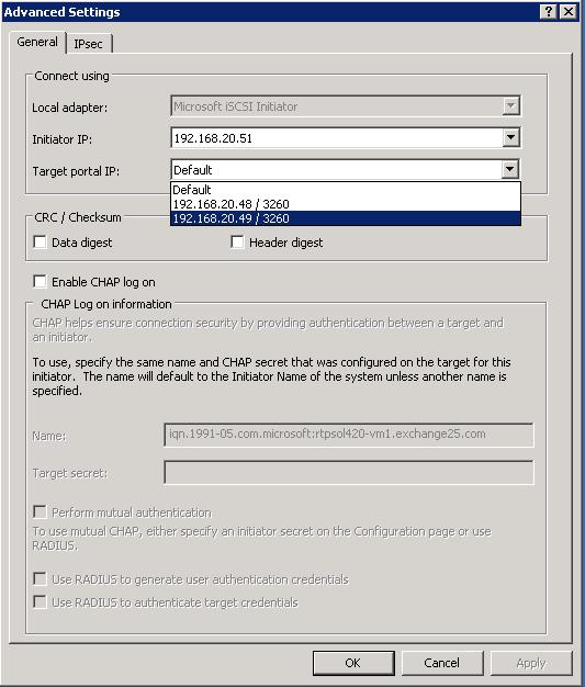 Exchange Host Server Connectivity Configuration c. Verify Data digest, Header digest, and Enable CHAP logon are not selected. d. Click OK to return to the Add Connection dialog (Figure 48). 8.
