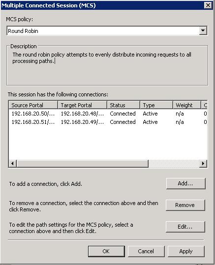 Exchange Host Server Connectivity Configuration Figure 50. New connection added 9. Click OK. The Properties dialog box reappears (Figure 46). 10. Click OK. The ISCSI Initiator Properties window reappears.
