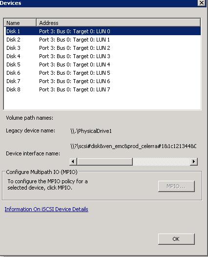Exchange Host Server Connectivity Configuration databases were created in Chapter 5 Exchange Storage Provisioning, Disk Manager sees eight new, uninitialized disks.