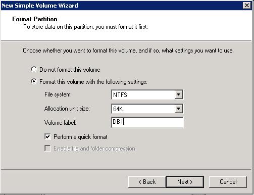 In the Allocation unit size list box, select 64K. d. In the Volume label field, type a name for the volume.