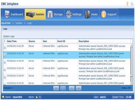 Management of Exchange on VNXe System logs Select System > Logs. The Logs window displays the logs saved in the system (Figure 74).
