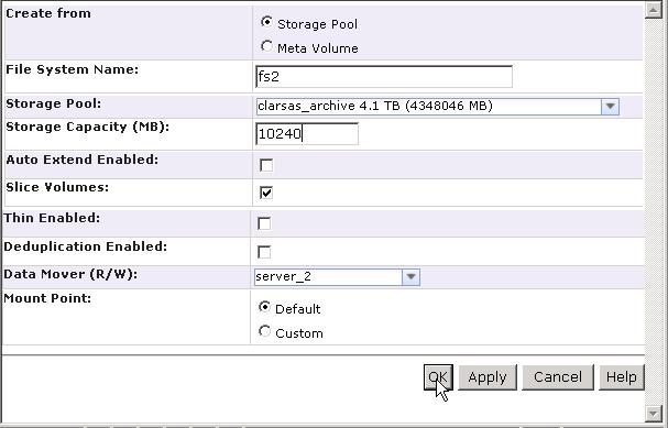 2 Create and export a file system with root privileges: Create a 10GB file system called fs2 using AVM with the appropriate storage pool-based on the backend storage, as shown here.