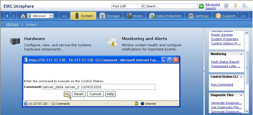 5 Configure Data Mover time: Set the time and date of server_2. In Unisphere, click the Systems tab. From the Control Station CLI task pane section on the right side of the screen, select Run Command.