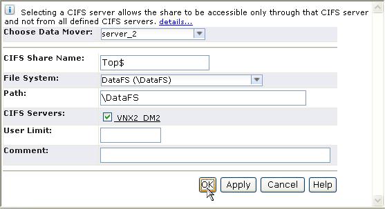 2 Share the file system for CIFS: Navigate to Storage > Shared Folders > CIFS and select the Shares tab. Click Create.