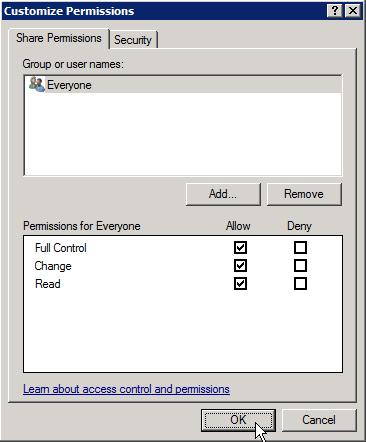 The next wizard screen is for defining permissions to the share. There are several preconfigured options available.