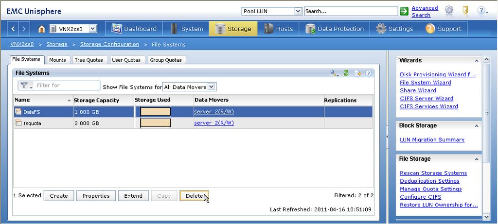 5 Delete DataFS file system: In Unisphere, navigate to Storage > Storage