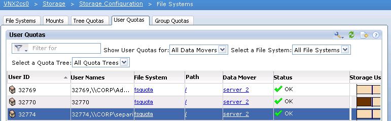 124:/fsquota 8952 10240 20480 3 0 0 3 Configure user quota in Unisphere: From the Top Navigation bar, navigate to Storage > Storage Configuration > File Systems > User Quotas tab. Click Create.