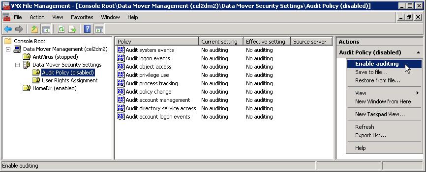 2 Enable Auditing using Data Mover Management: Expand the Data Mover Management tree in the console Expand