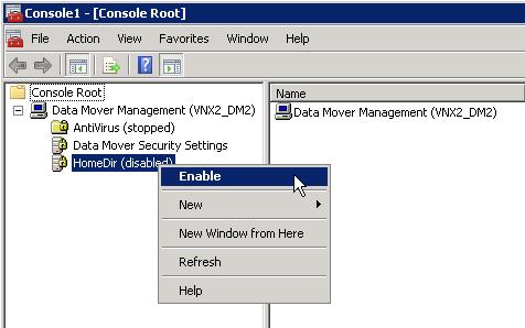 2 Enable Home Directory using the Data Mover Management snap-in: Go back to the Data Mover Management snap-in that is connected to your VNX#_DM2 (where