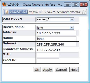 2 Configure FSN IP Address: To assign the IP address, select the Interfaces tab and click Create. Select server_2, enter a device name of fsn0, and enter the appropriate address and netmask.