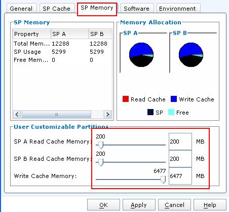 3 Configure SP Memory: Click on the SP Memory tab and note the Total Memory for each SP. Use the slide bar to experiment with the SPA and SPB Read Cache values and Write Cache values.
