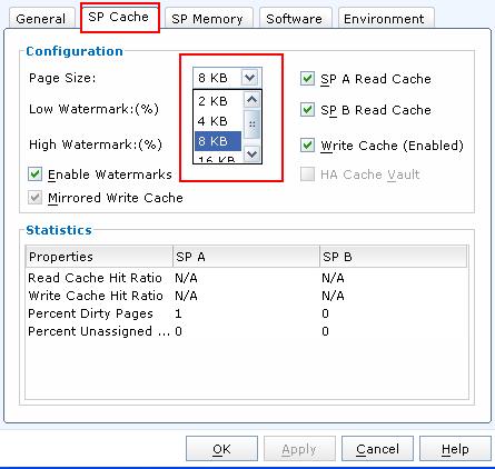 Lab 2: Part 2 Configure SP Cache Settings Step 1 Verify Cache page size: Click the SP Cache tab. Under Configuration, select a page size of 8KB using the drop-down lists.