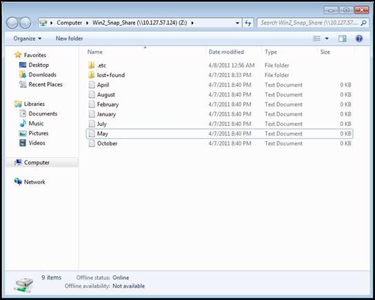 2 Delete user data: Delete several files from the CIFS share. 3 Restore from a Snapshot: Open an explorer window and navigate to the Computer directory.