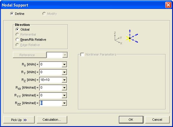 command. Nodal Support Click the Nodal Support Icon and select the middle support. A dialog window appears, where you can set the translational and/or rotational stiffness of the node.
