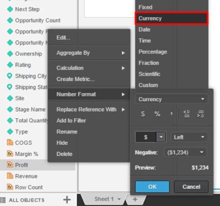 You need to change the Number Format of both the Profit metric and the Margin % metric in order to display the data correctly.